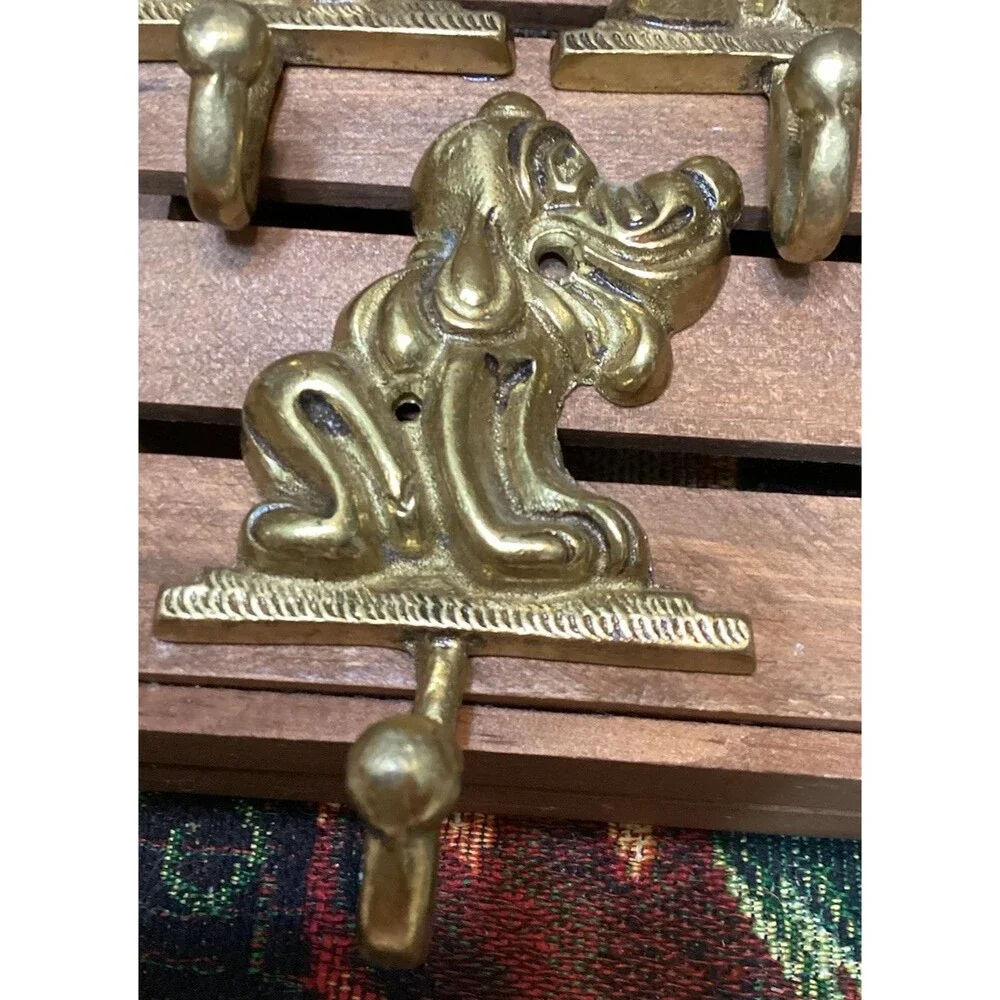Vintage Brass Metal Pluto Wall Door Coat Hooks Dog Hound Shape Hangers Set of 6